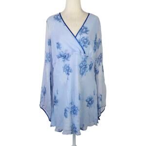 Vintage 90s/Y2K Blue Floral Silk Babydoll Tunic Top Flare Sleeves L